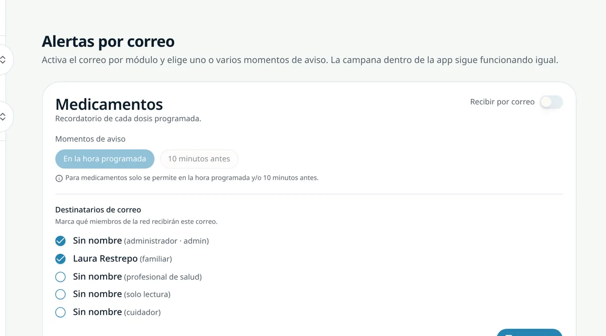 Configuración de alertas por correo en TeCuido