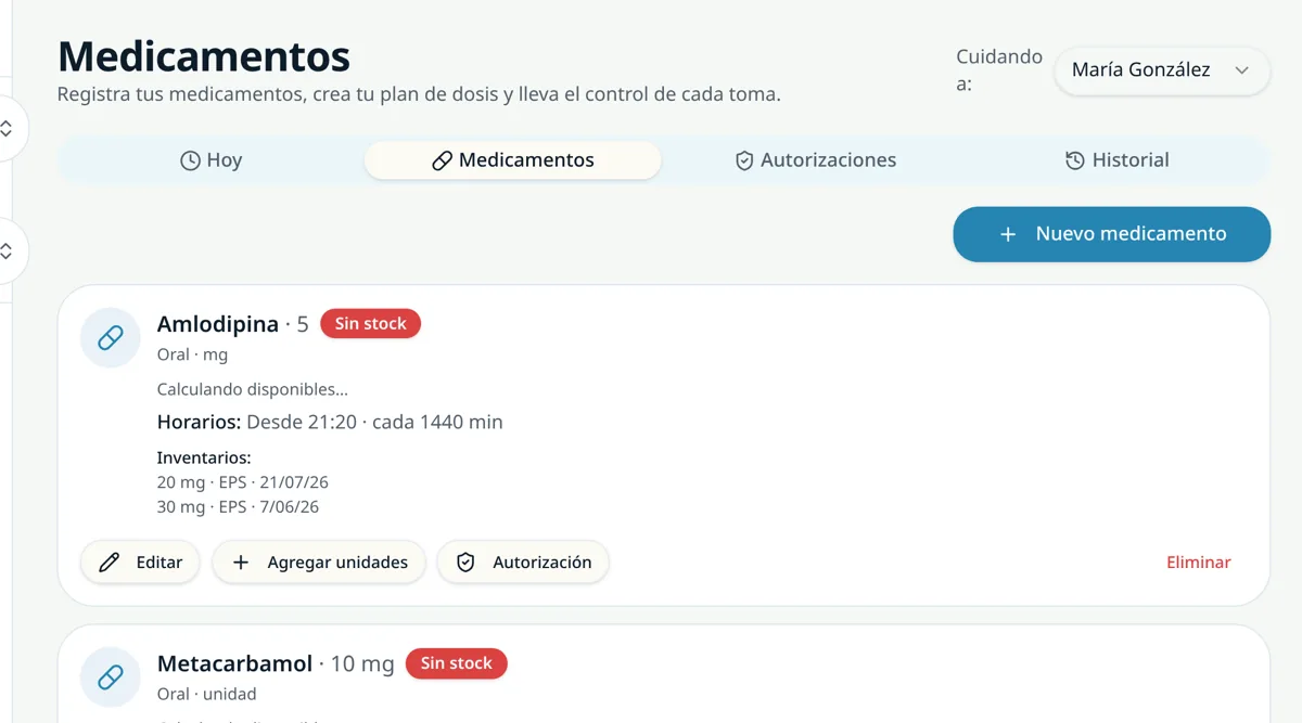 Pantalla de medicamentos de TeCuido con el plan de dosis y el inventario disponible